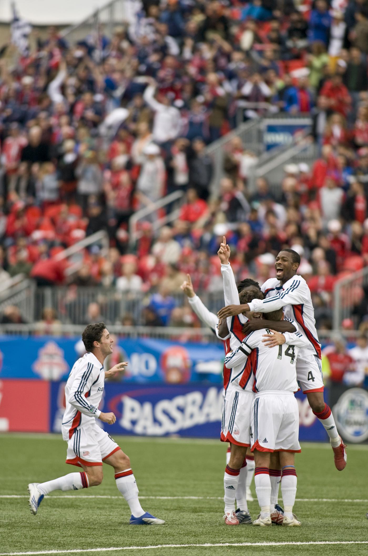 Michael Parkhurst (surrounded) after scoring the only goal of his MLS career on Oct. 20, 2007.