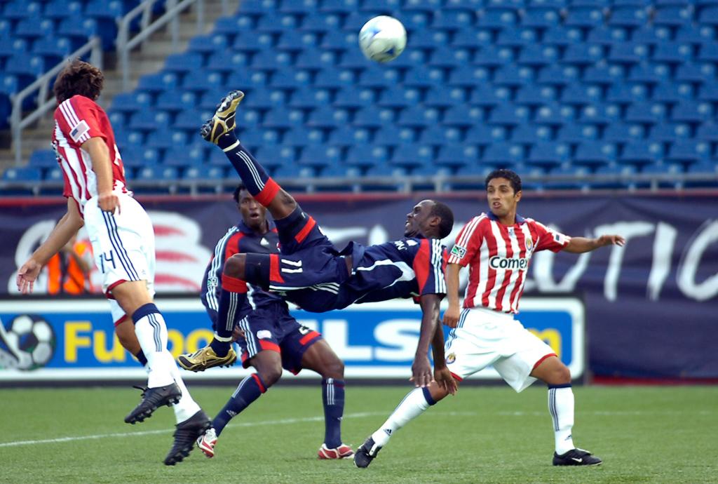 Kheli Dube knocked in his second regular-season goal on Sunday night to help lead the Revs to the win.<br><i>Photo: Keith Nordstrom</i>